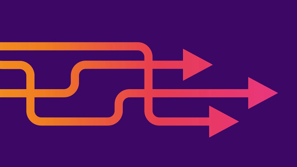 purple background with intertwined arrows fading from orange to pink