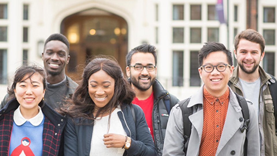 Group of international students by the Hazelrigg Fountain