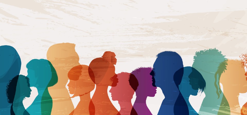 An illustration with about a dozen people shown in different colours representing their diverse backgrounds