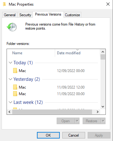open menu showing Previous version options