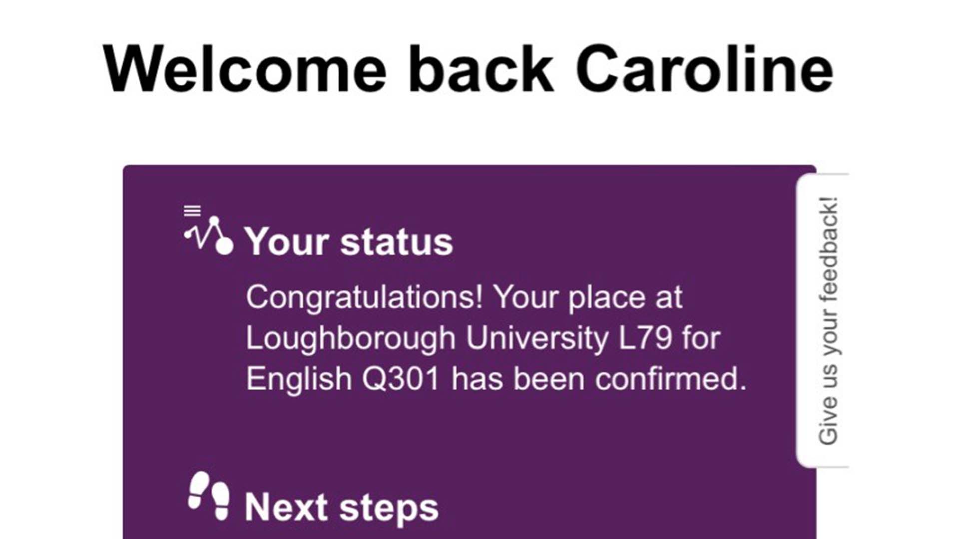Caroline's UCAS confirmation status reading 'Congratulations! Your place at 麻豆視頻_麻豆直播_麻豆传媒官网 for English has been confirmed'. 