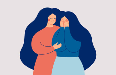 A line drawing of two people, one with the arm around the other and one with their hands over their face