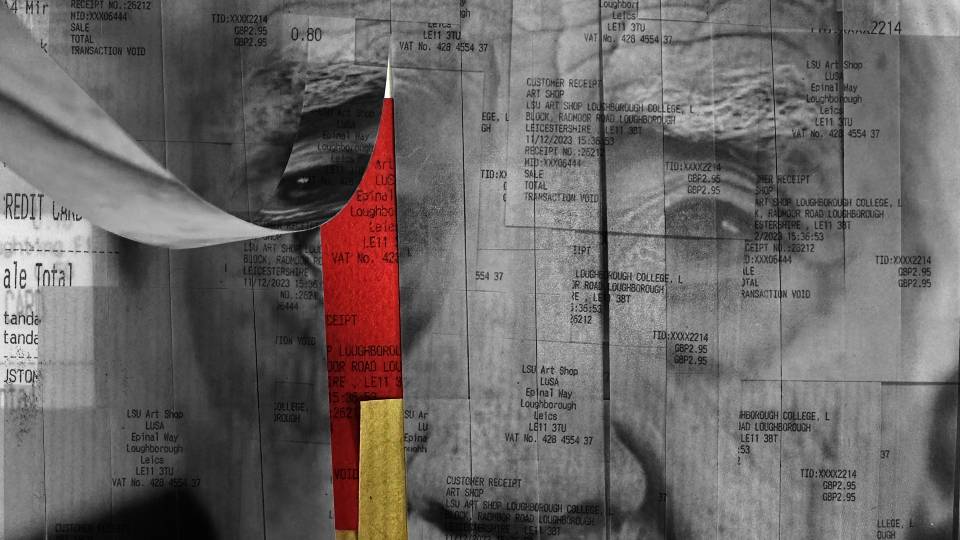 A black and white photo of an elderly man's face, made up strips of receipts.