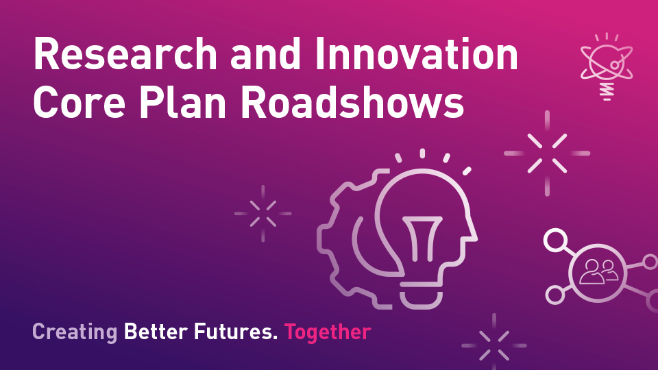 Graphic of a lightbulb and a cog overlaid on a purple background with 'Research and Innovation Core Plan Roadshows' written