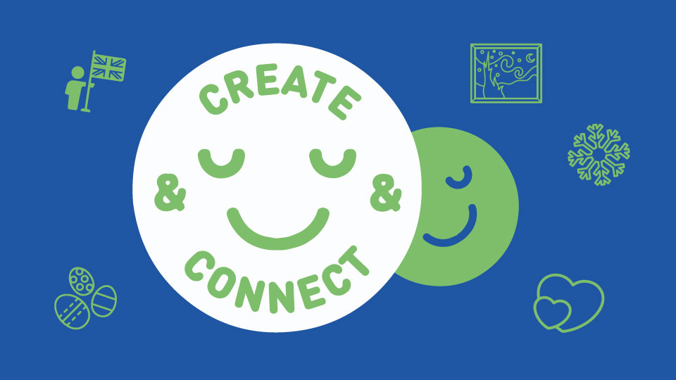 Graphic of smiley faces with 'Create & Connect' on them