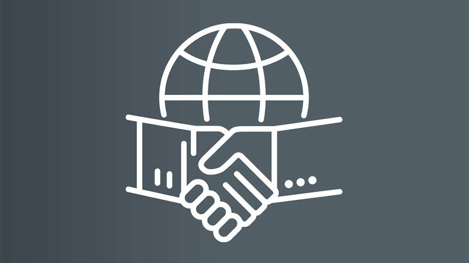 Graphic of hands shaking in front of a world wide web icon
