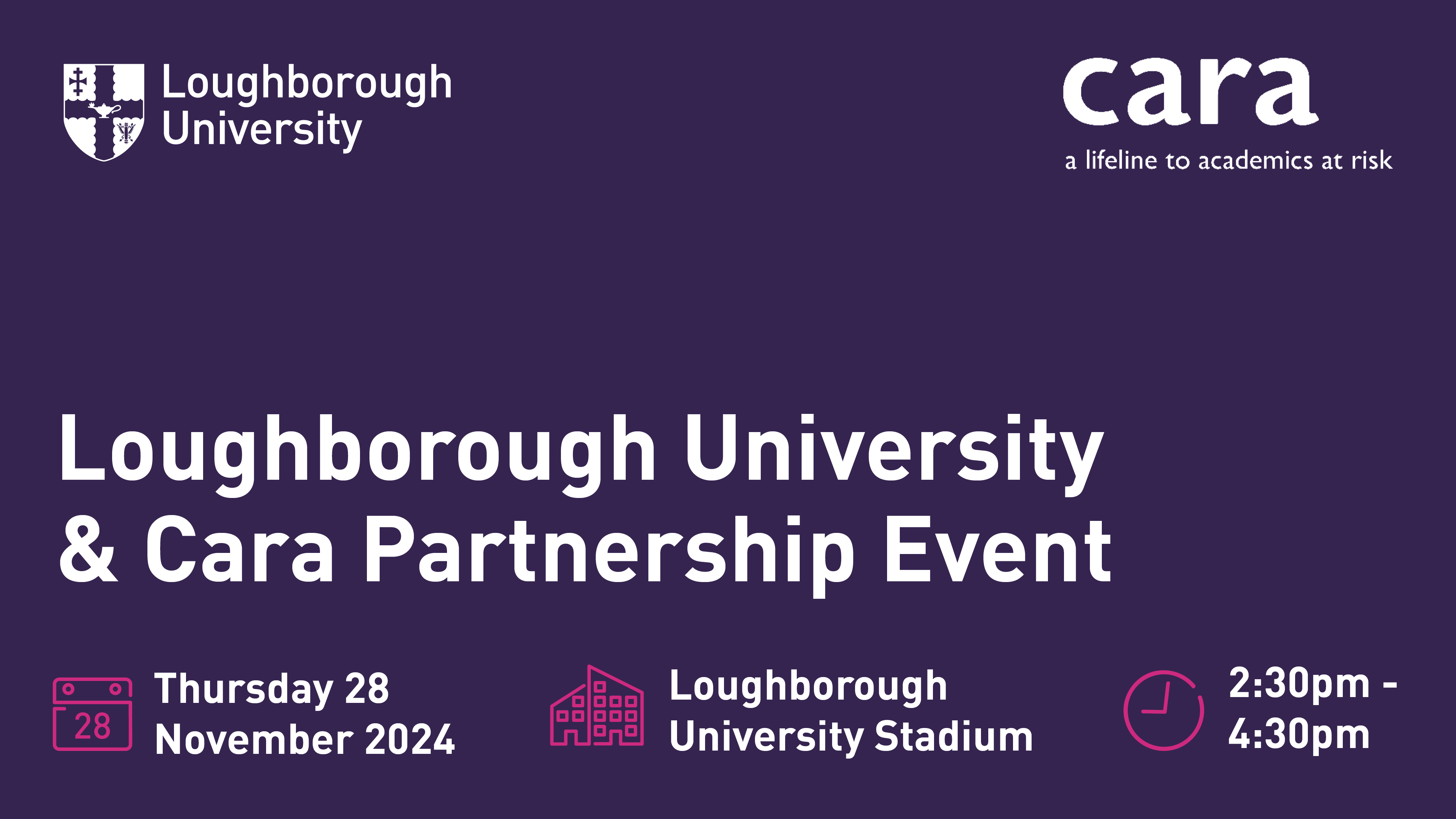 Purple background with University and Cara logos in the top corners and icons next to information about the date, time and locations of the event