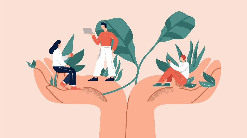 Illustration of a pair of hands holding three people working, one is holding a laptop and plants are growing around them.