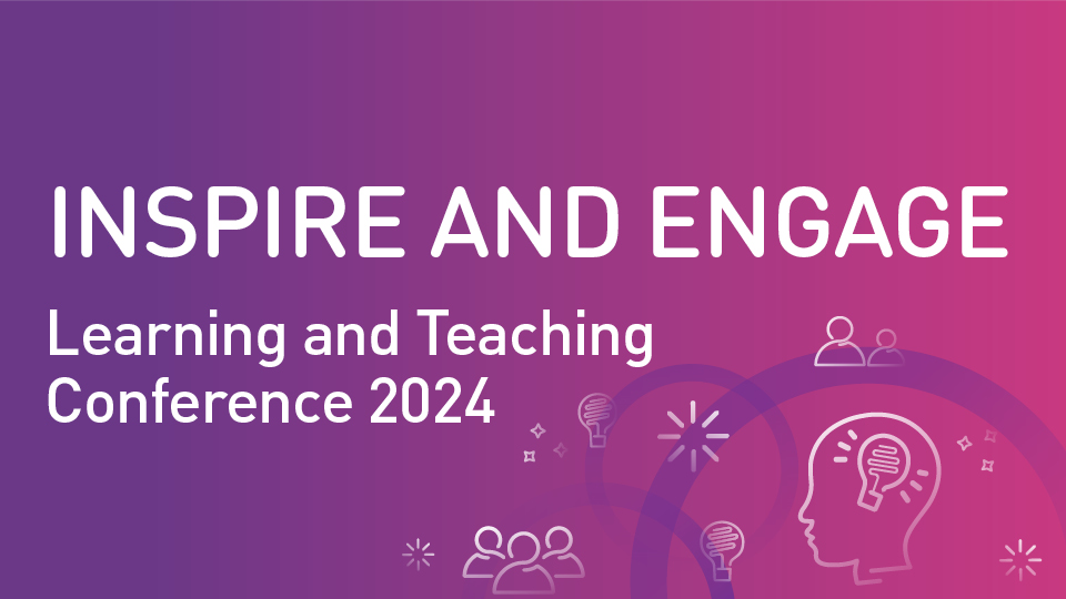 pink and purple gradient with cogs, people, and star icons with title of event featured using white text