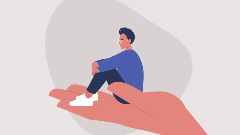 Illustration of a person sitting in the palm of a hand holding their knees.