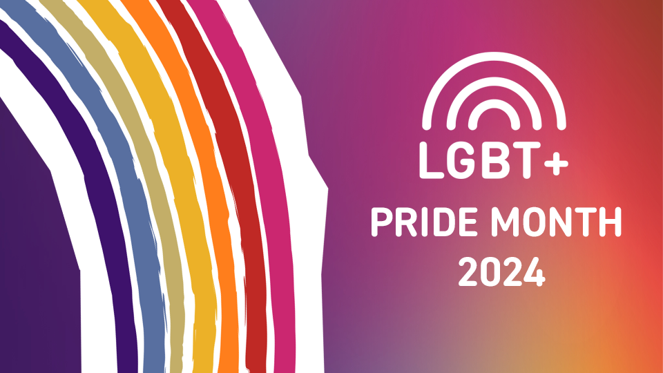 Rainbow illustration on a rainbow gradient background with 'Pride Month 2024' written in white text