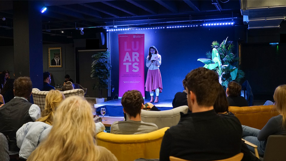 Person performing at the Speech Bubble event by LU Arts