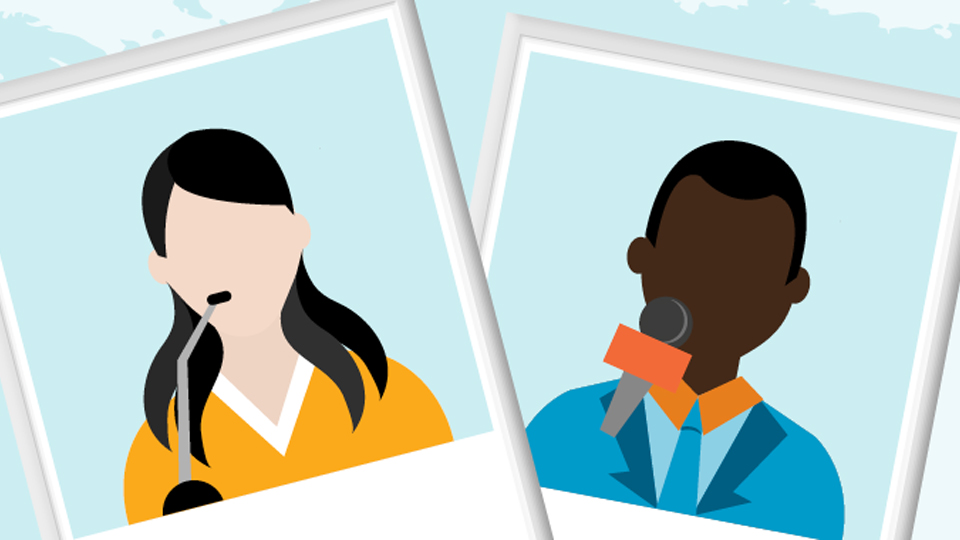 Graphic image of 2 people speaking in microphoness