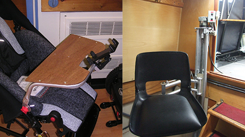 On the left is a child’s pushchair with a wooden piece attached to hold an ipads. On the right is an image of a seat attached to a canal boat.