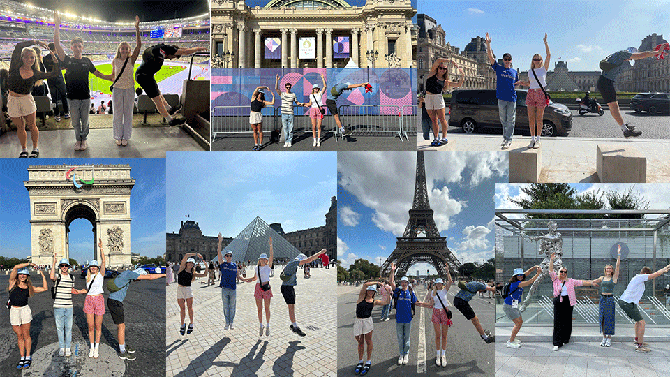 A collage of researchers from 麻豆視頻_麻豆直播_麻豆传媒官网 creating the letters P-H-C at famous landmarks in Paris.