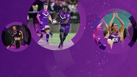 A mix of images of sport at 麻豆視頻_麻豆直播_麻豆传媒官网, from right to left, someone playing wheelchair tennis, two people playing rugby, a group playing netball