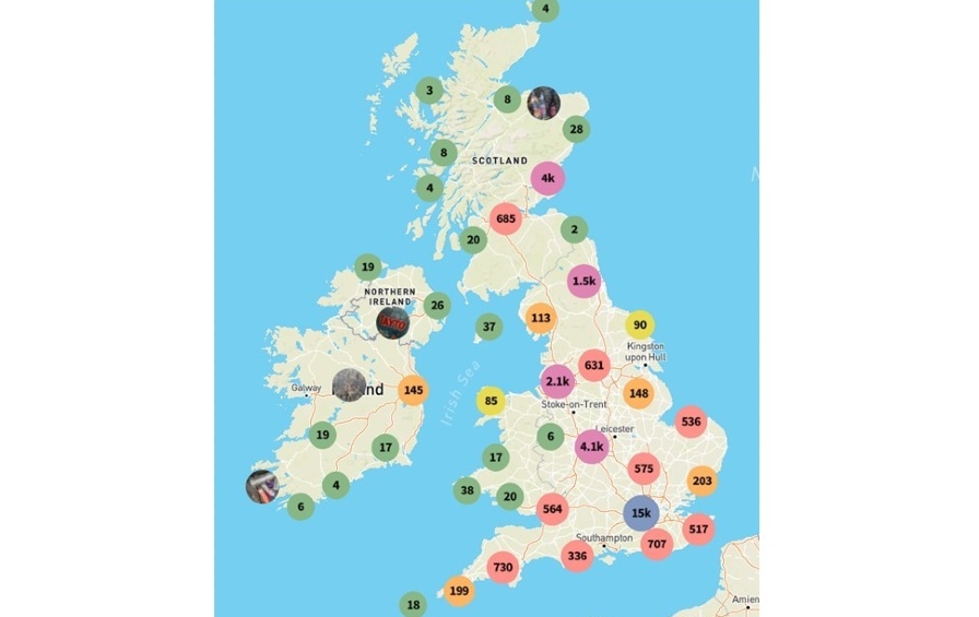 This study looked at 43,187 items of litter logged on the Planet Patrol app; the map shows the number of logs for different locationss across the UK. 